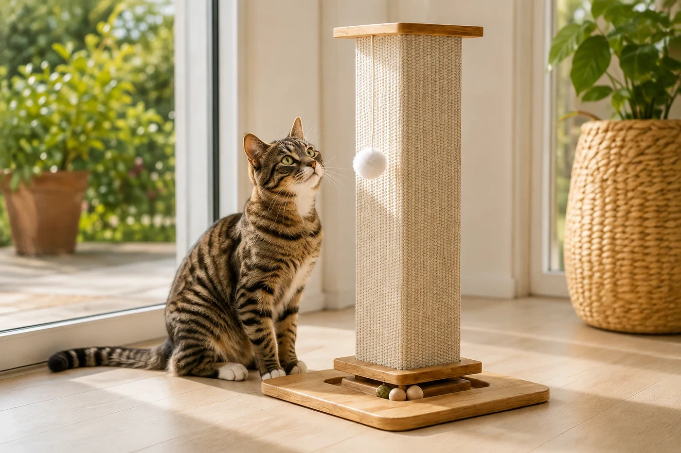 Chat tigré jouant avec le poteau griffoir Atlas.
