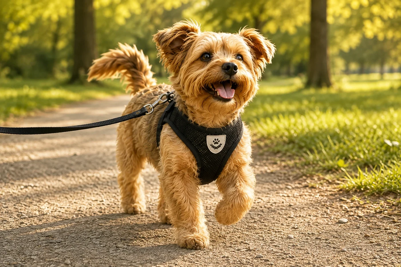 Petit chien portant le harnais Tempo noir pendant sa balade.