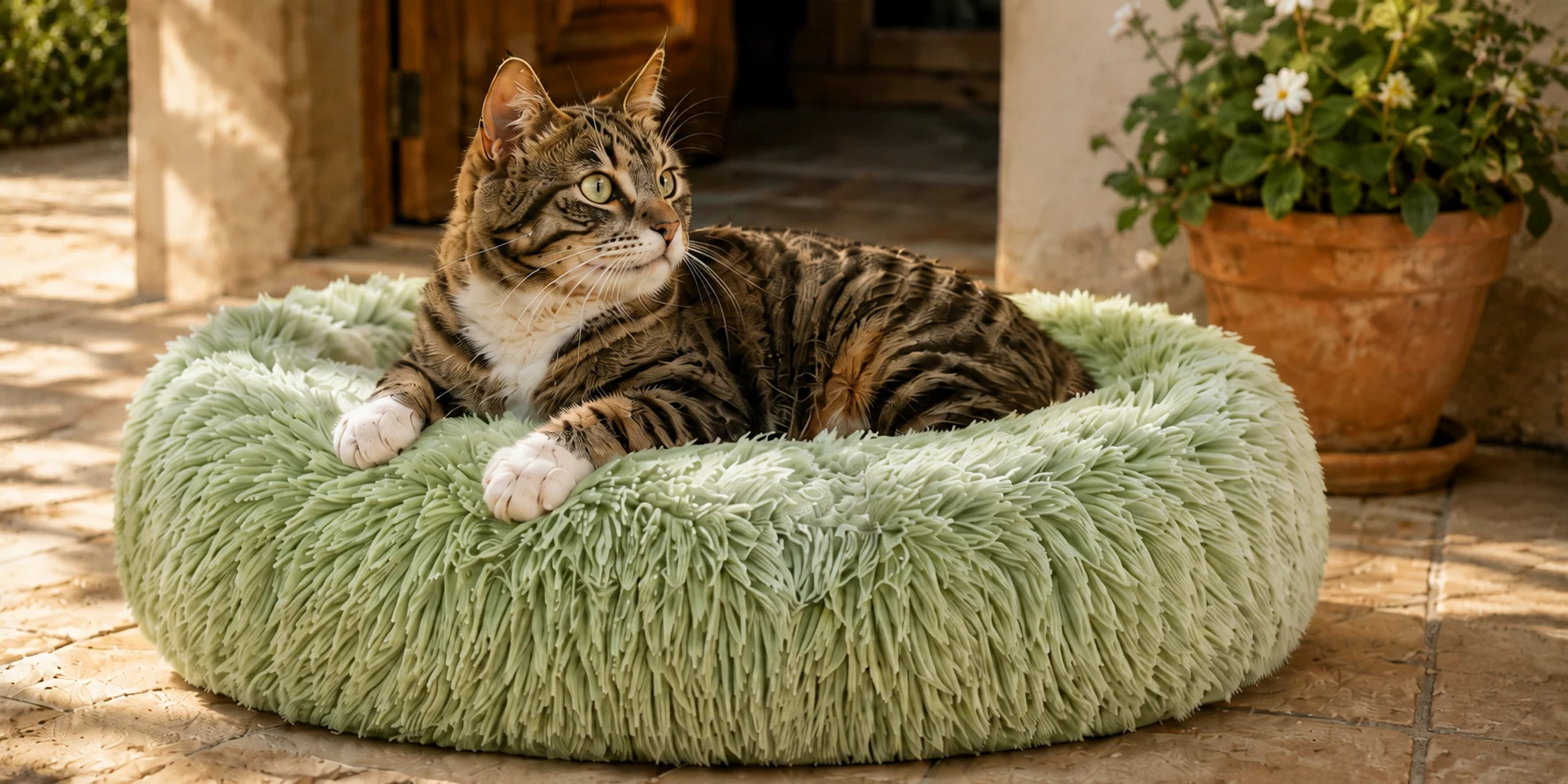 Chat installé dans le panier fleur Rosace sauge.
