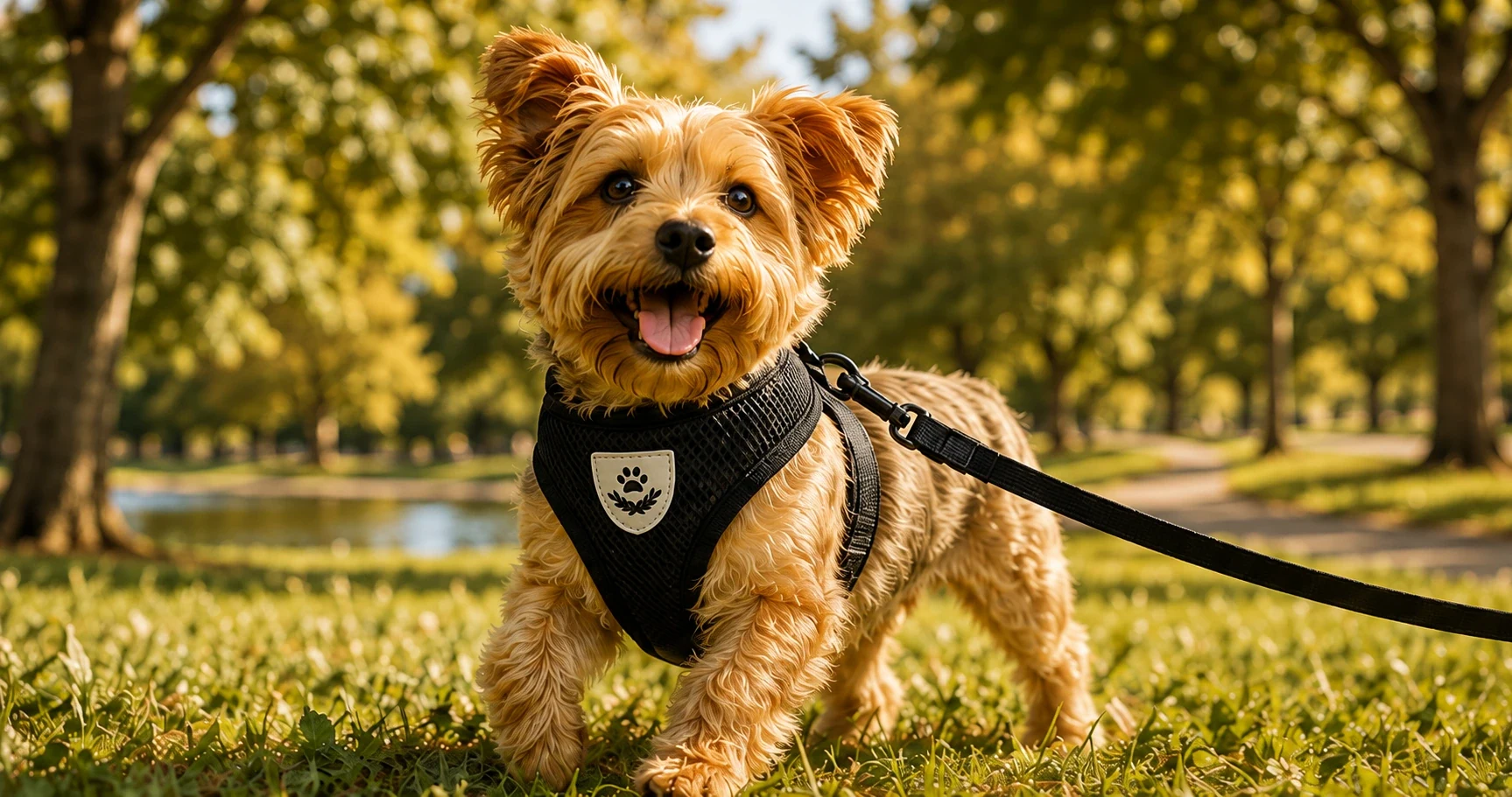 Petit chien en promenade avec le harnais maille Tempo noir.