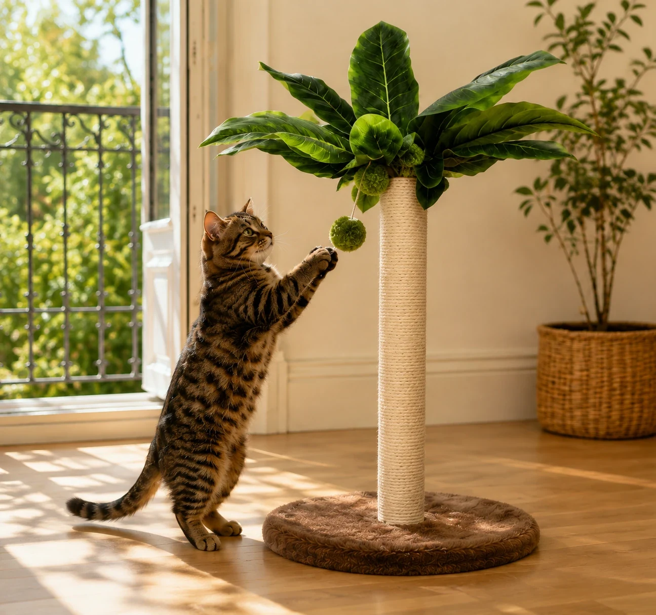 Un chat joue avec le griffoir palmier Canopia.