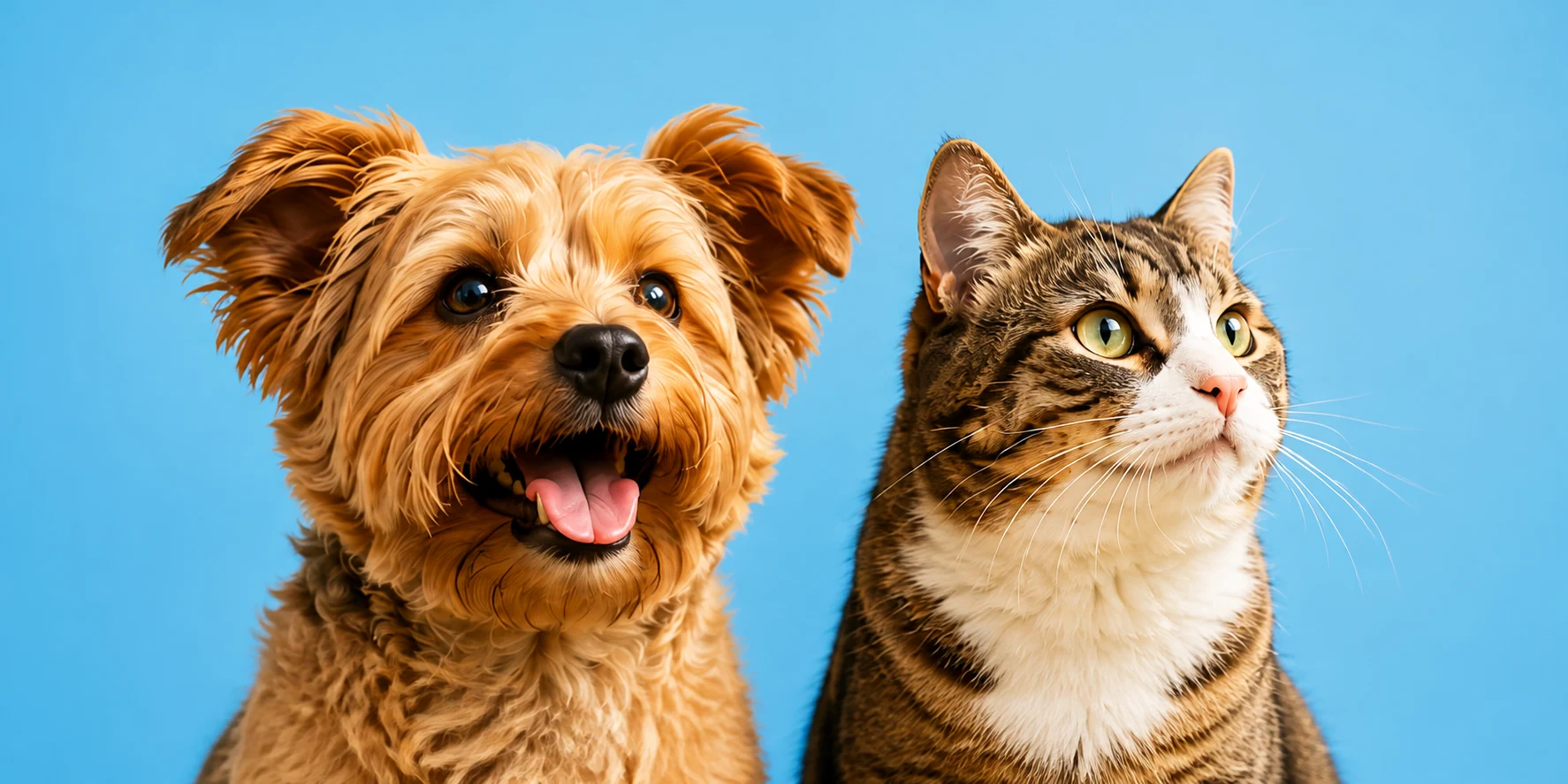 Un chien doré et un chat tigré curieux.